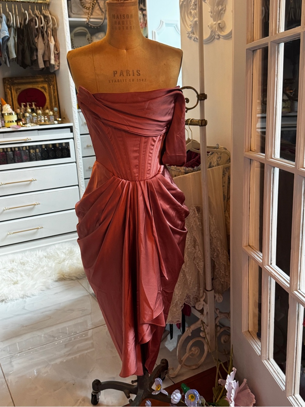 Off-Shoulder Draped Satin Dress in Dusty Rose - house of CB
